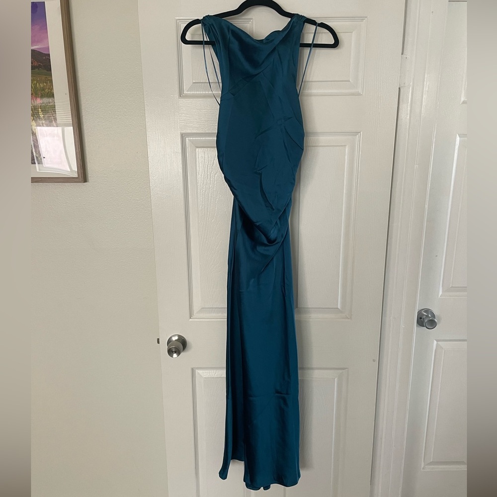 NWT House of Harlow 1960 Teal Blue Halter Dress Cocktail Cowl neck Satin Maxi M - Picture 9 of 12